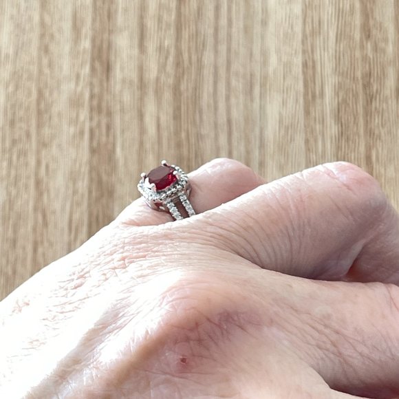 Round Simulated Ruby Halo Ring w/ Split Shank - 925 Sterling Silver - Picture 5 of 5